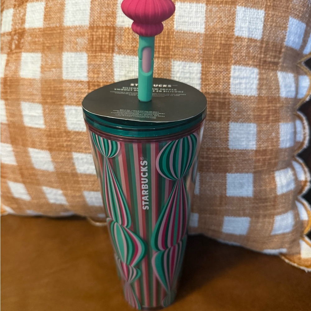 Starbucks Teal and Pink Striped Reusable Tumbler with Decorative Straw Top
